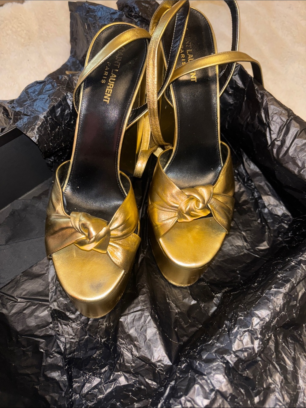Saint Laurent Gold PAIGE Platform Wrap-Heel Sandals - Picture 6 of 8